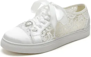 A580-03 Women's Wedding Shoes Bridal Sneakers Flats Bride Tennis Shoes Cutout Lace Sneakers