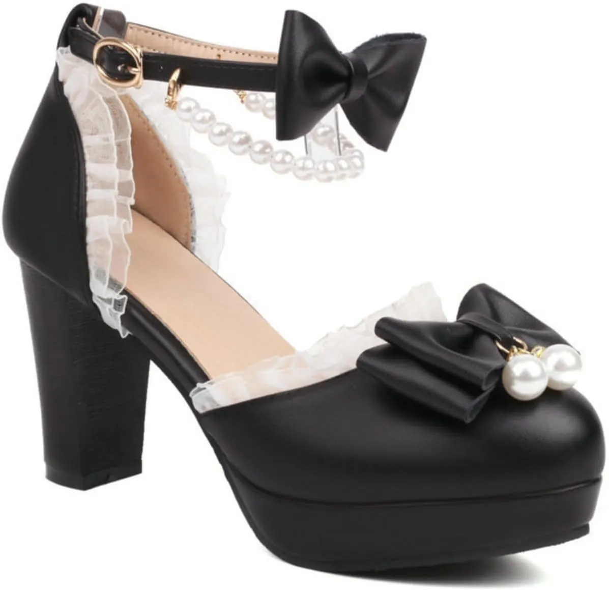 Aflngle Women's Bow Pearl Heels Mary Jane Pumps Round Toe Closed Platform Chunky Heel Ankle Strap Buckle Shoes Cute Sweet Lace Kawaii Lolita Princess Wedding Party Dress Shoes