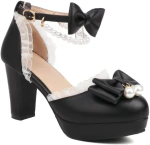 Aflngle Women's Bow Pearl Heels Mary Jane Pumps Round Toe Closed Platform Chunky Heel Ankle Strap Buckle Shoes Cute Sweet Lace Kawaii Lolita Princess Wedding Party Dress Shoes