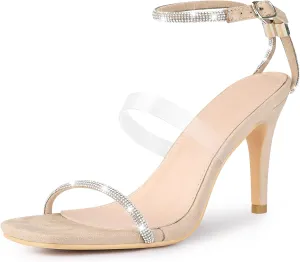 Allegra K Women's Diamond Heels Square Toe Ankle Strap Stiletto Heels Sandal