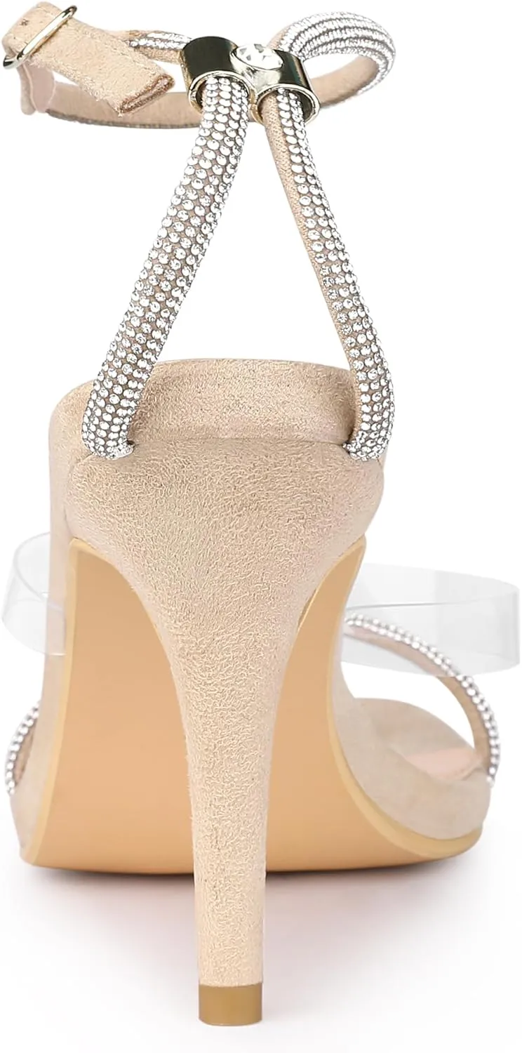 Allegra K Women's Diamond Heels Square Toe Ankle Strap Stiletto Heels Sandal
