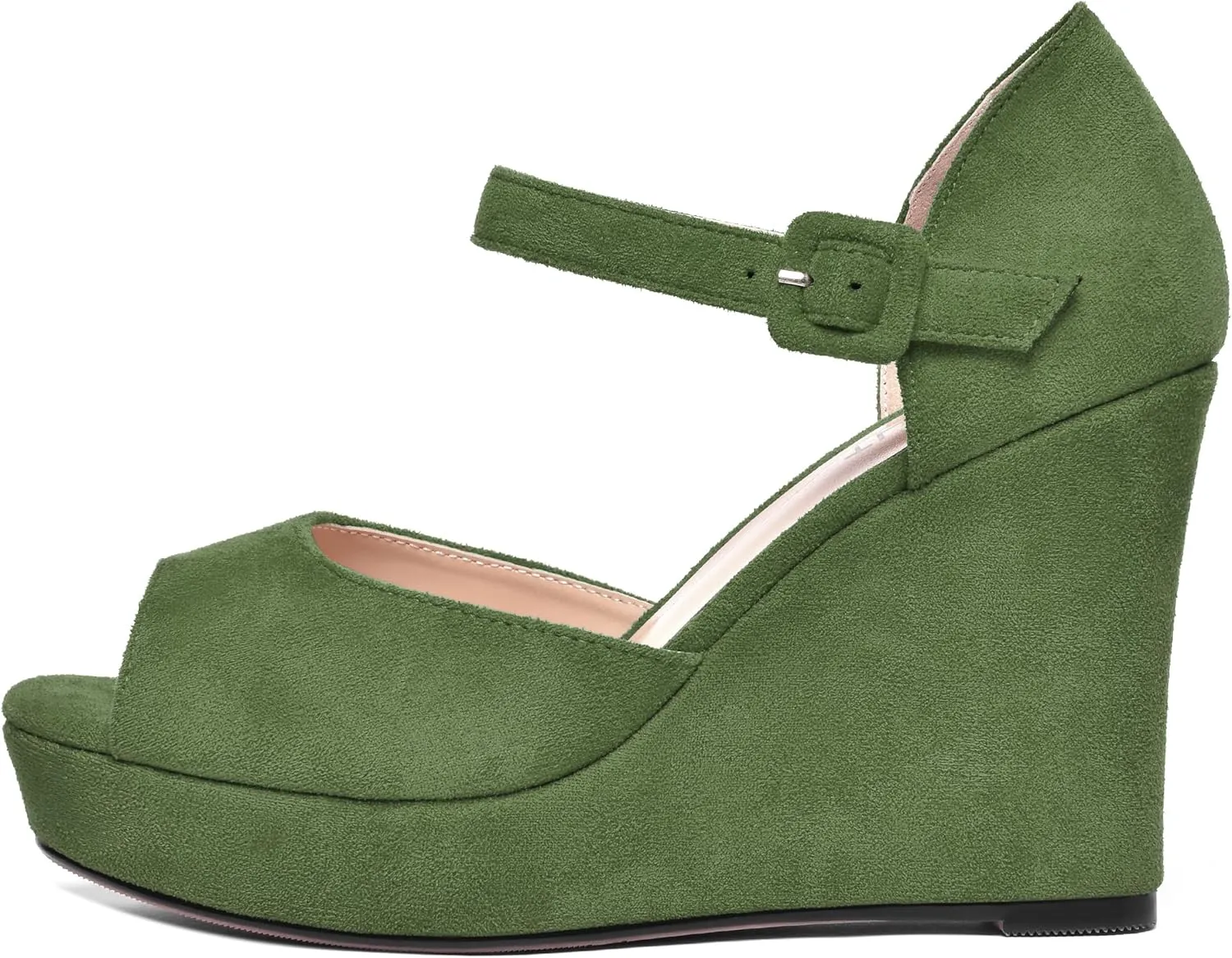 AMBELIGHT Womens Peep Toe Fashion Buckle Office Suede Ankle Strap Solid Wedge High Heel Pumps Shoes 4 Inch