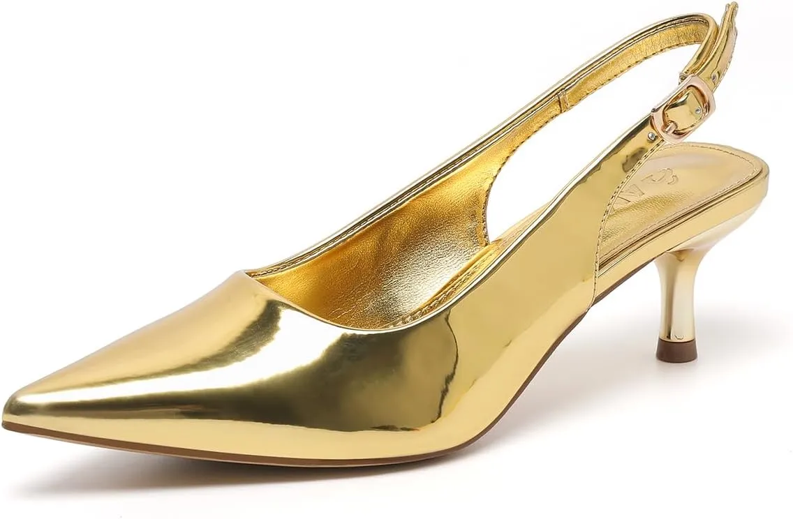 Amoji Women's 2 Inch Pointed Toe Low Kitten Heel Slingback Pump Party Wedding Dress Shoes FZ321