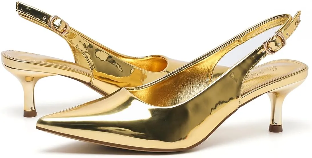 Amoji Women's 2 Inch Pointed Toe Low Kitten Heel Slingback Pump Party Wedding Dress Shoes FZ321