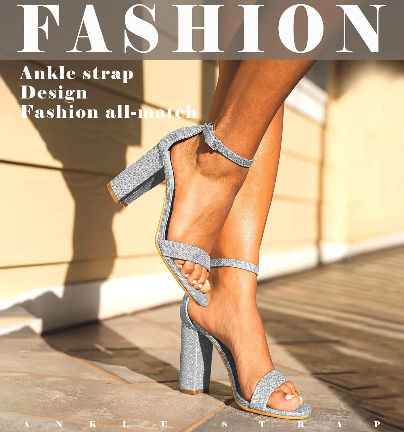Ankis Nude Black Silver Clear Heels for Women Open Toe Ankle Strap Chunky Heel Pump Sandals Party Wedding Strappy Buckle Sandals Standard Size 4 Inches Tall Thick Heel Design