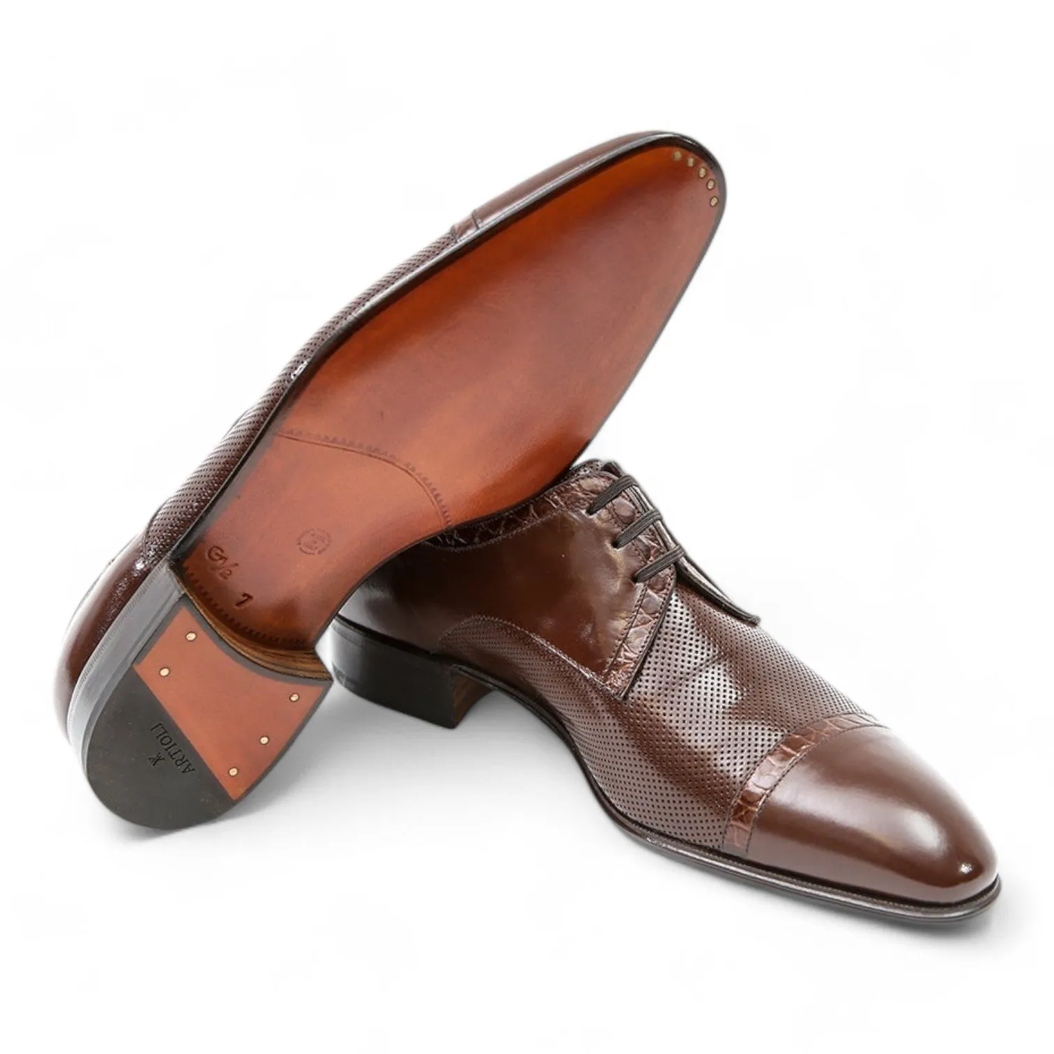 Artioli Mariano Men's Luxury Italian Shoes Perforated Kangaroo Leather / Alligator Derby (ART1021)