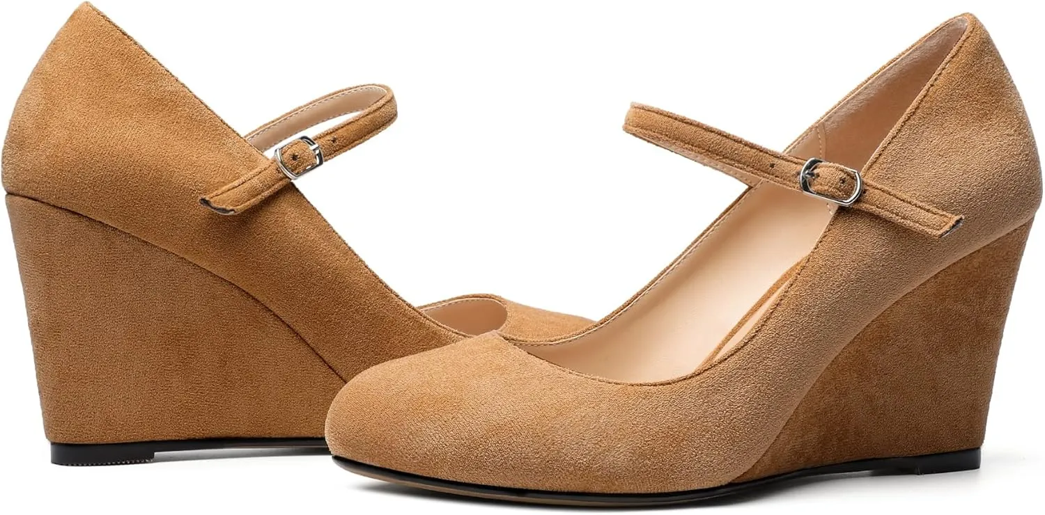 AUMOTED Women Wedge Round Toe Pumps High Heels Mary Jane Ankle Strap with Adjustable Buckle Wedding Party Dress Shoes 3.4 Inches