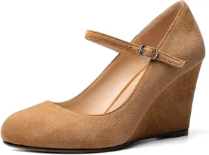 AUMOTED Women Wedge Round Toe Pumps High Heels Mary Jane Ankle Strap with Adjustable Buckle Wedding Party Dress Shoes 3.4 Inches