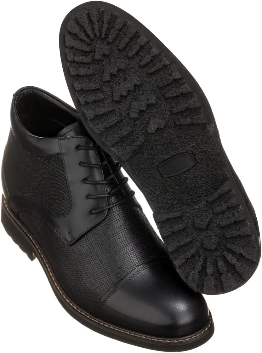 CALTO Men's Invisible Height Increasing Elevator Shoes - Black Leather Lace-up Cap-Toe Boots with Inner Faux Fur - 3.2 Inches Taller - Y41088 - Size 10 D(M) US