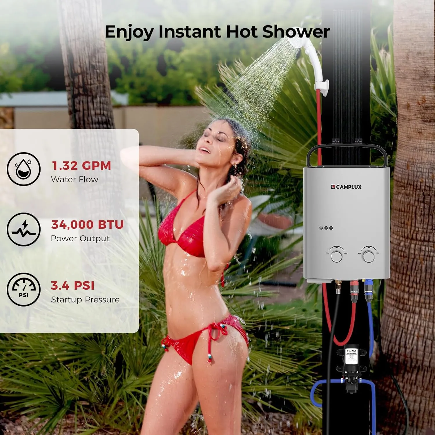 CAMPLUX ENJOY OUTDOOR LIFE 1.32 GPM Outdoor Portable Propane Tankless Water Heater with 1.2 GPM Water Pump Kits, Gray