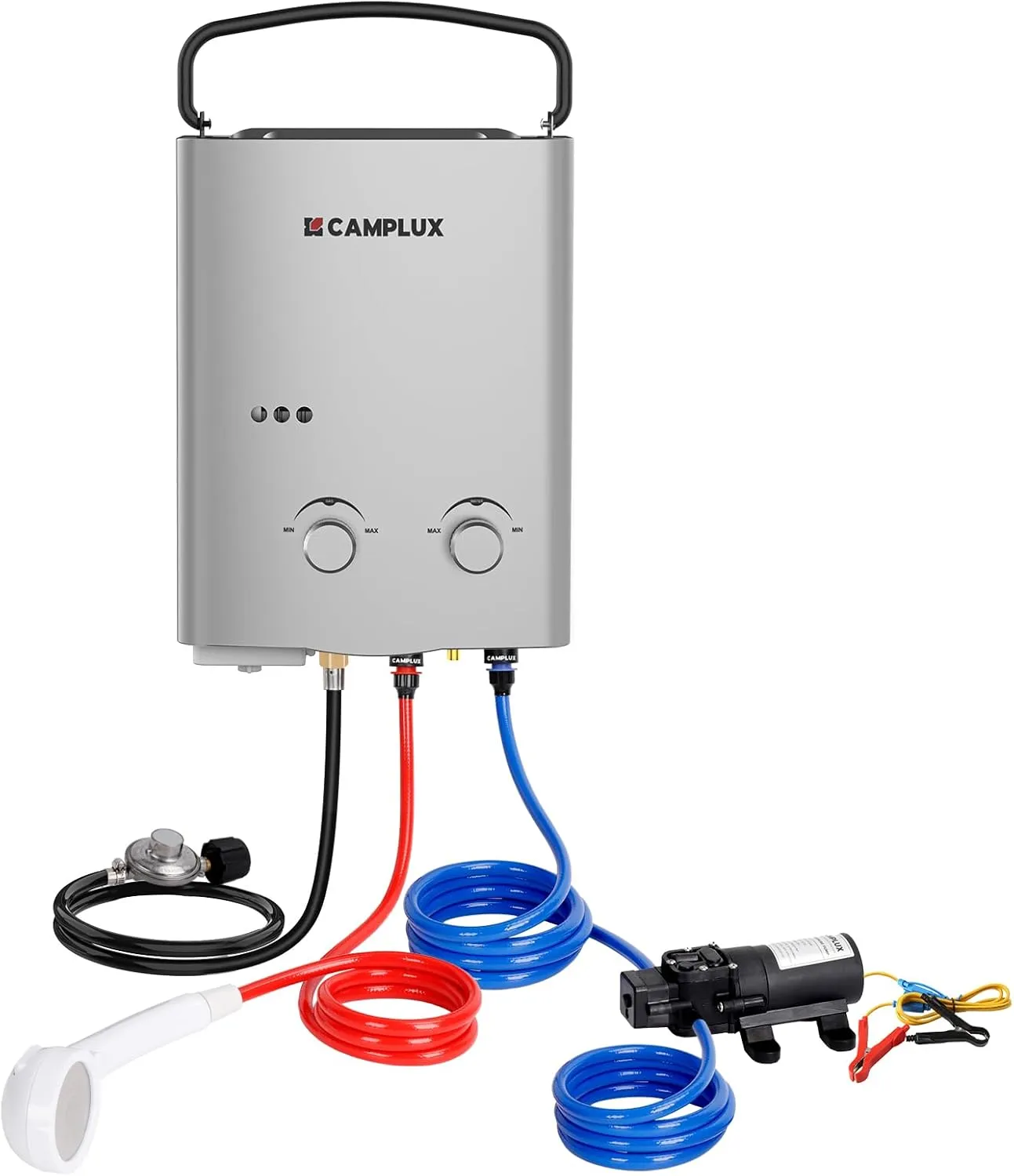 CAMPLUX ENJOY OUTDOOR LIFE 1.32 GPM Outdoor Portable Propane Tankless Water Heater with 1.2 GPM Water Pump Kits, Gray