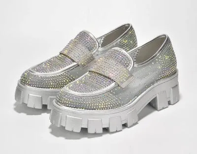 Cape Robbin Abbe Rhinestone detail Mesh Finish Chunky Platform lug Sole Women Loafer-Silvers