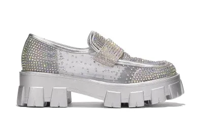 Cape Robbin Abbe Rhinestone detail Mesh Finish Chunky Platform lug Sole Women Loafer-Silvers