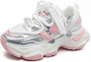Chunky White Platform Sneakers for Women Fashion Casual Thick Dad Shoes Comfortable Preppy Walking Sport Lace Up