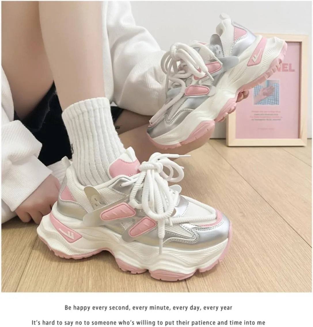 Chunky White Platform Sneakers for Women Fashion Casual Thick Dad Shoes Comfortable Preppy Walking Sport Lace Up