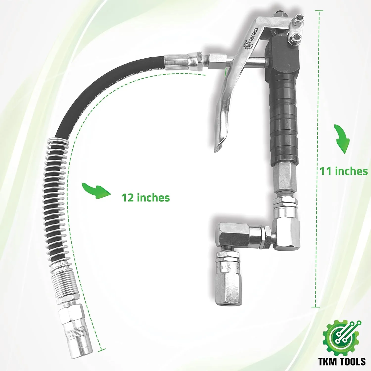 Control Handle Valve - Flex. spout 4 Jaws Coupler for Grease Pump, Heavy Duty High Pressure 7,500 PSI, 1/4 inch NPT(f) Inlet with 360 Degree Z Swivel (12" Flex. Spout with Spring Protector)