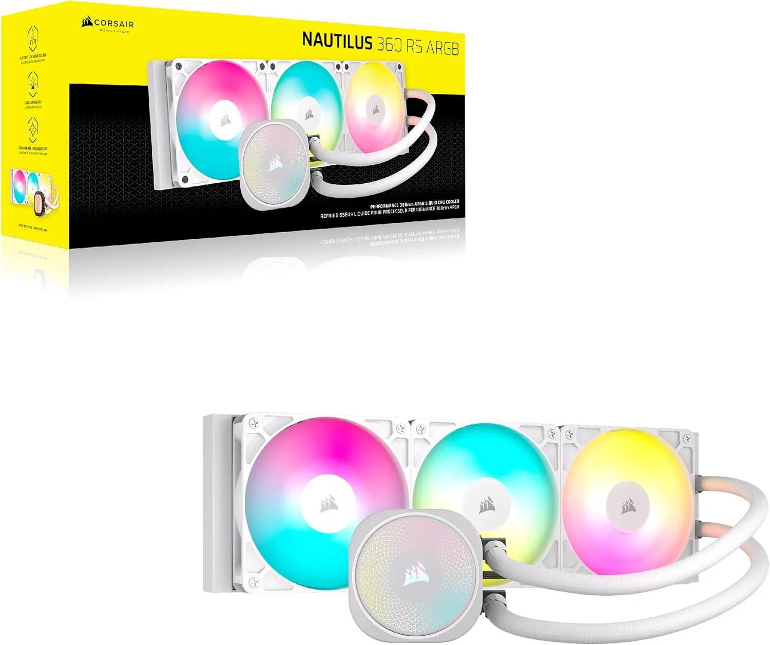 CORSAIR Nautilus 360 RS ARGB Liquid CPU Cooler – 360mm AIO – Low-Noise – Direct Motherboard Connection – Daisy-Chain – Intel LGA 1851/1700, AMD AM5/AM4 – 3X RS120 ARGB Fans Included – White