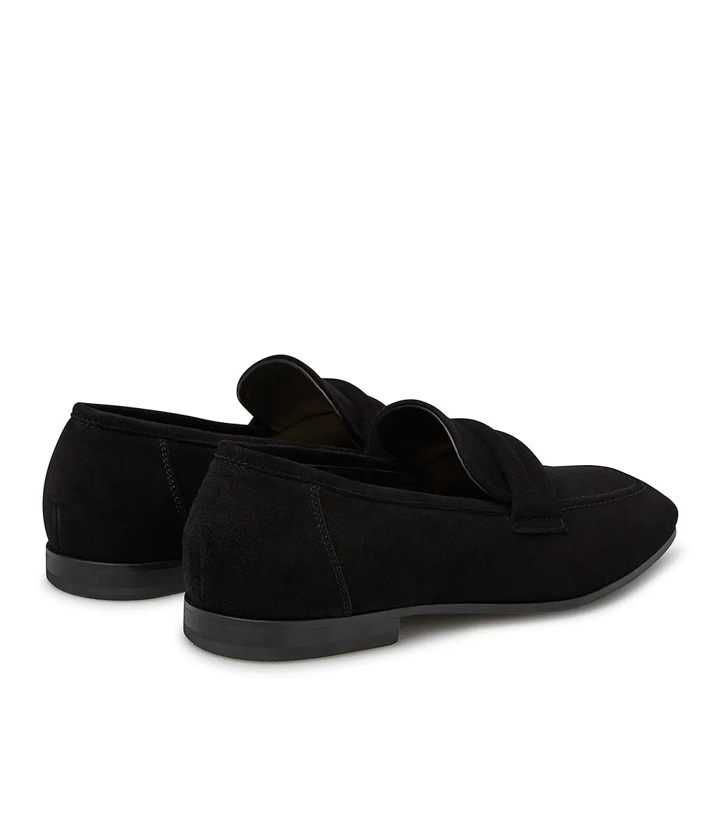 Cross-straped black suede loafer with