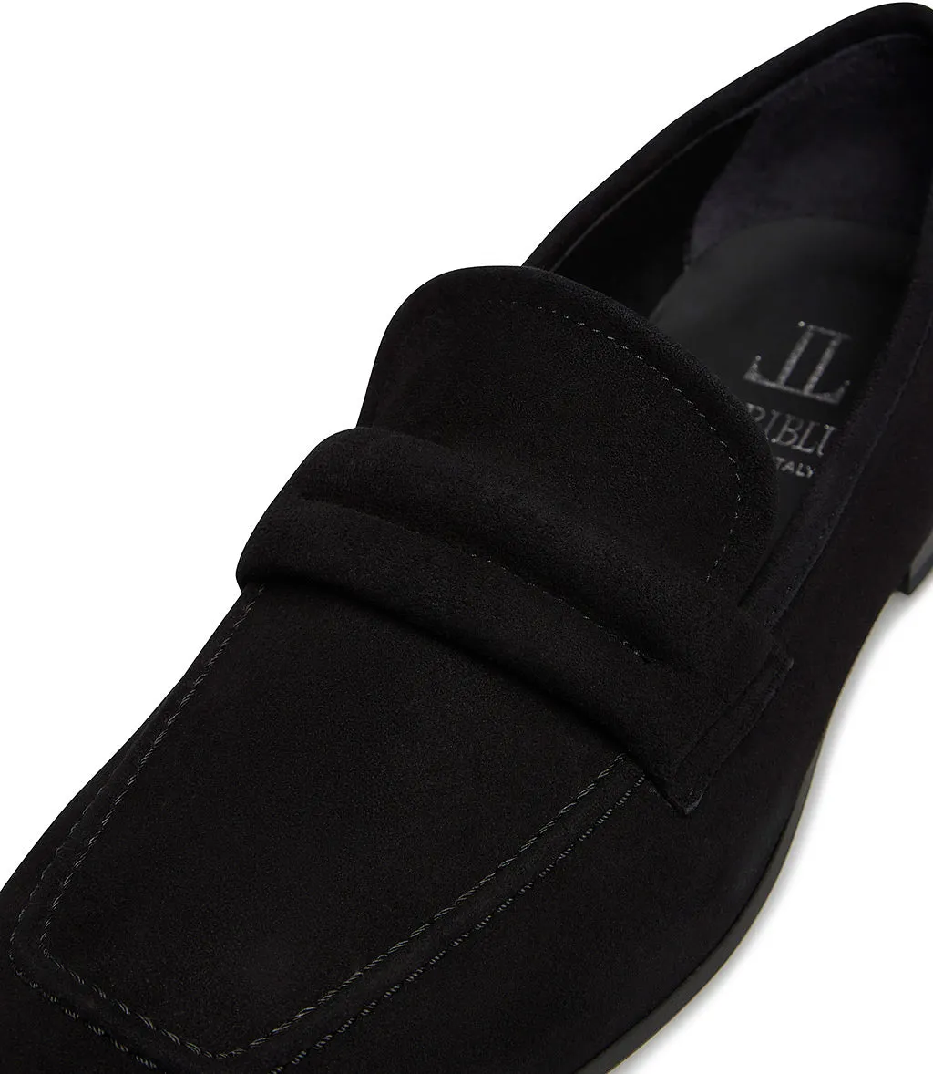 Cross-straped black suede loafer with