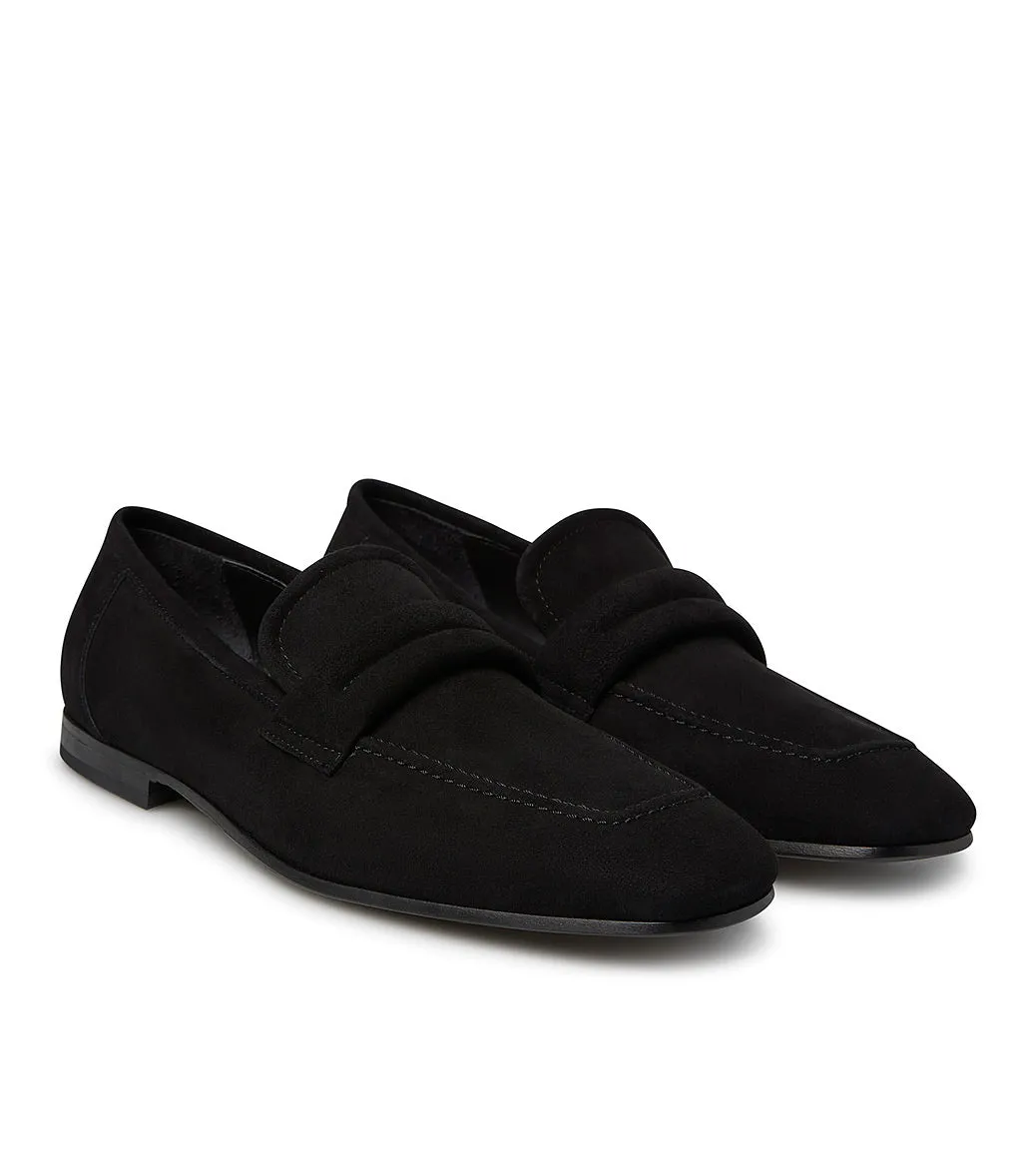 Cross-straped black suede loafer with