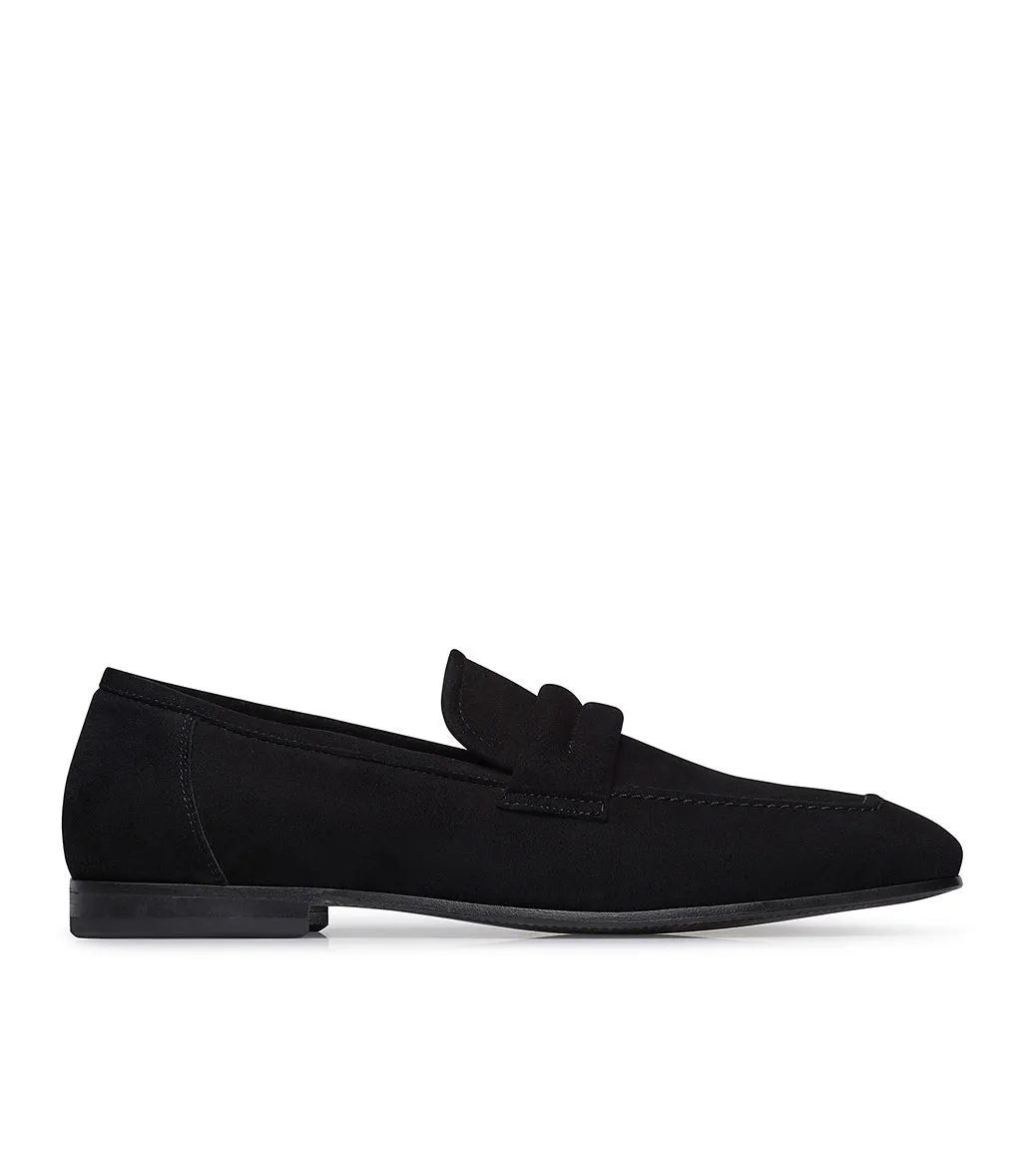 Cross-straped black suede loafer with