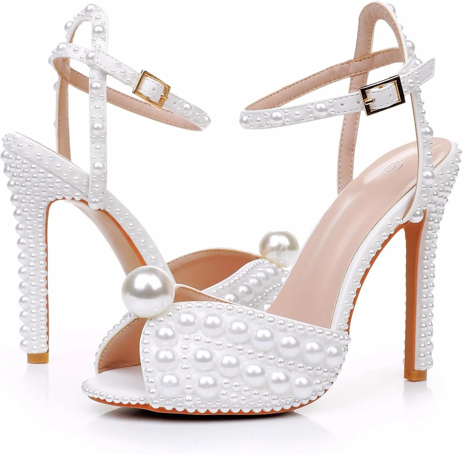 Crystal Queen Full Pearls Stiletto heels Sandals Thin High Heels Peep Toe Sandals White Pearls Bridal Wedding Shoes Evening Wedding Sandals Pump Heels For Bride