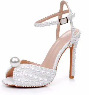 Crystal Queen Full Pearls Stiletto heels Sandals Thin High Heels Peep Toe Sandals White Pearls Bridal Wedding Shoes Evening Wedding Sandals Pump Heels For Bride