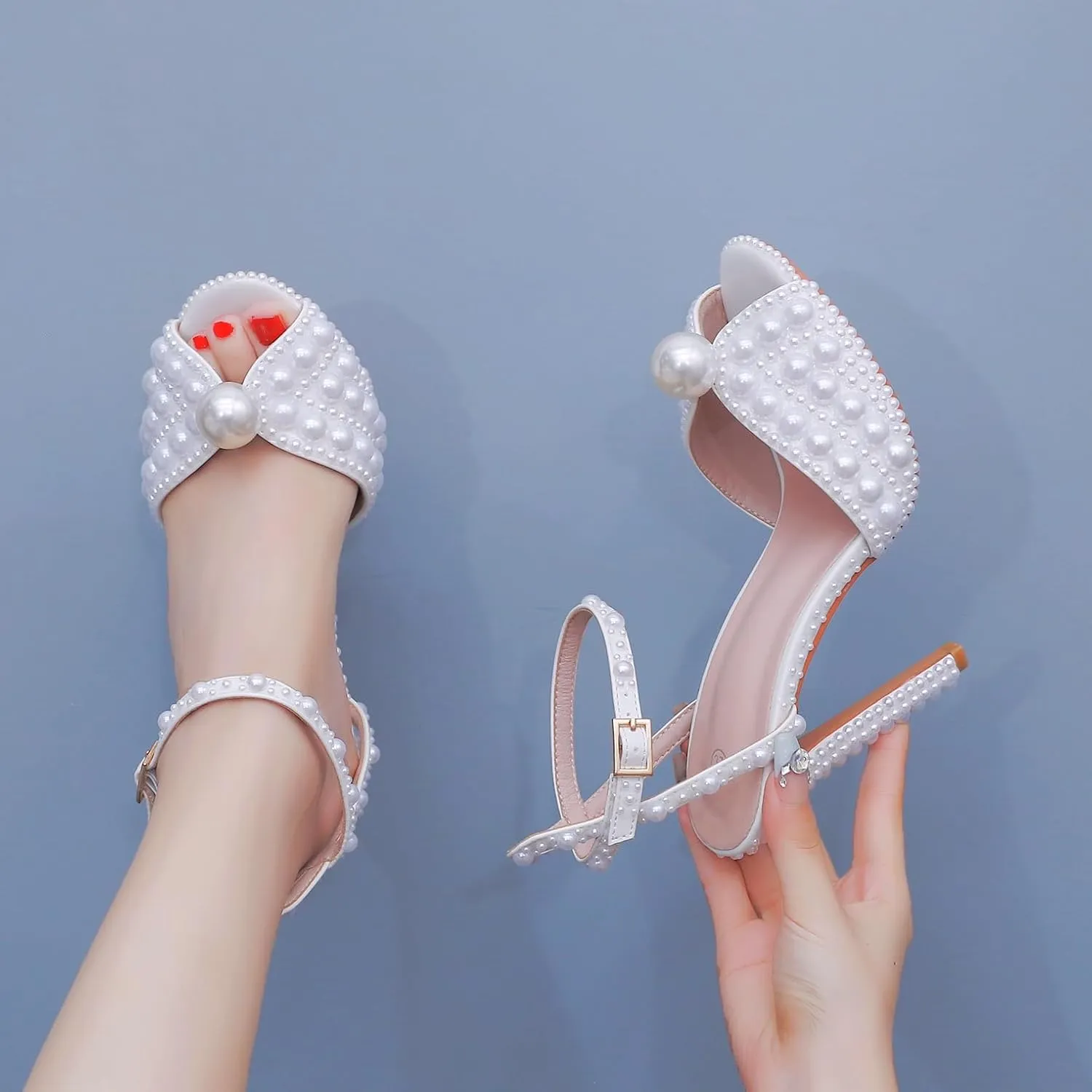 Crystal Queen Full Pearls Stiletto heels Sandals Thin High Heels Peep Toe Sandals White Pearls Bridal Wedding Shoes Evening Wedding Sandals Pump Heels For Bride