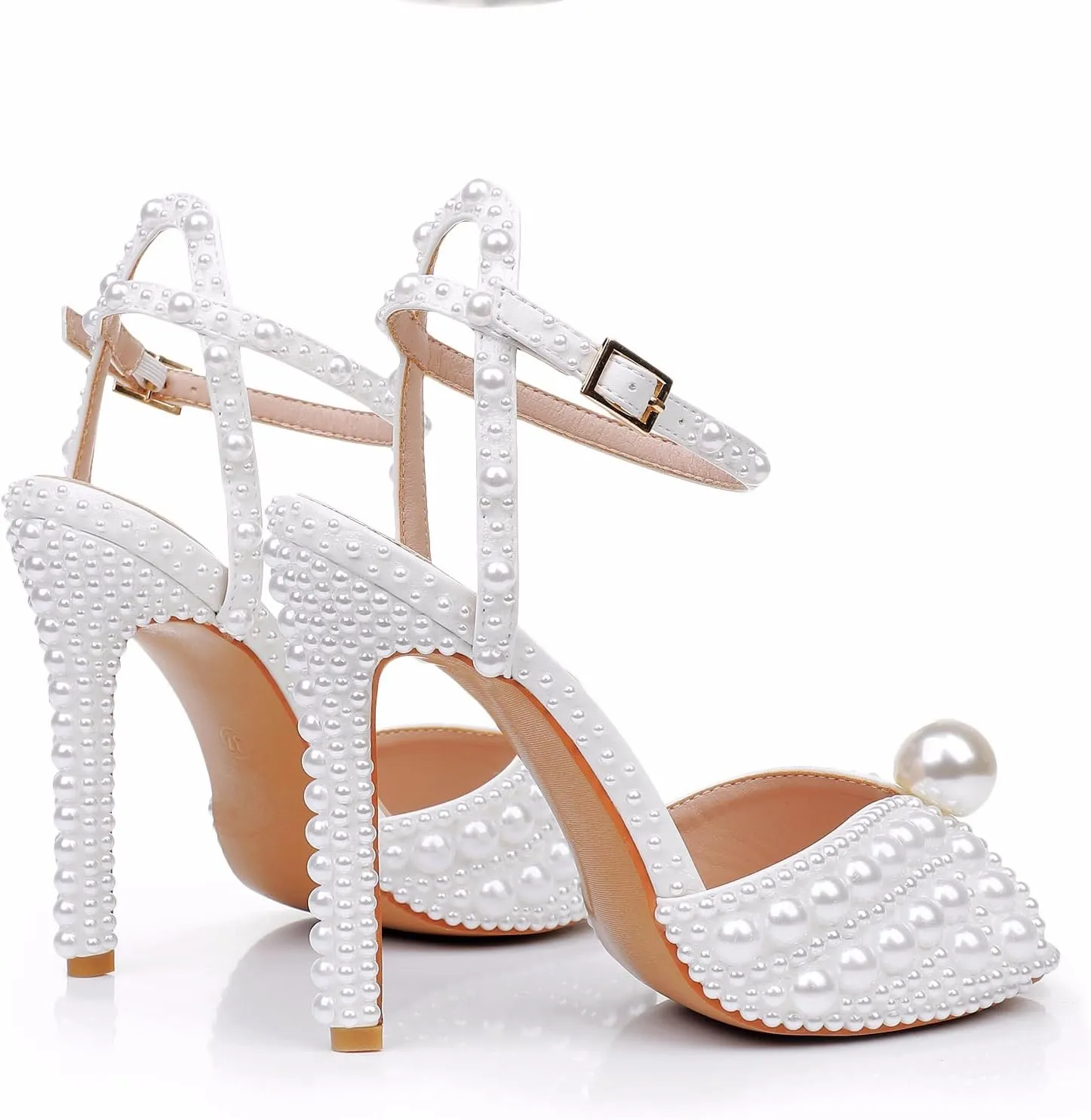 Crystal Queen Full Pearls Stiletto heels Sandals Thin High Heels Peep Toe Sandals White Pearls Bridal Wedding Shoes Evening Wedding Sandals Pump Heels For Bride