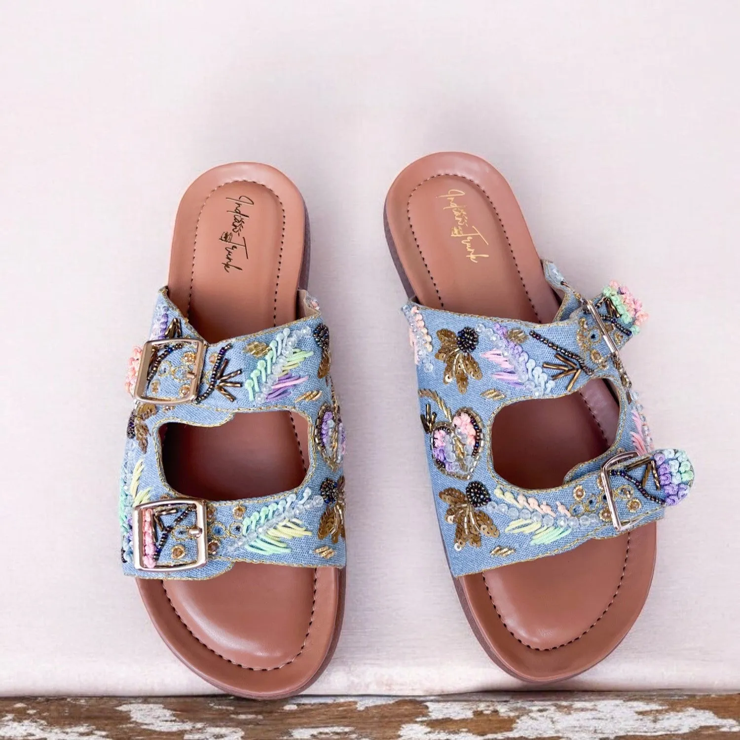Denim Bloom Buckle Sandals