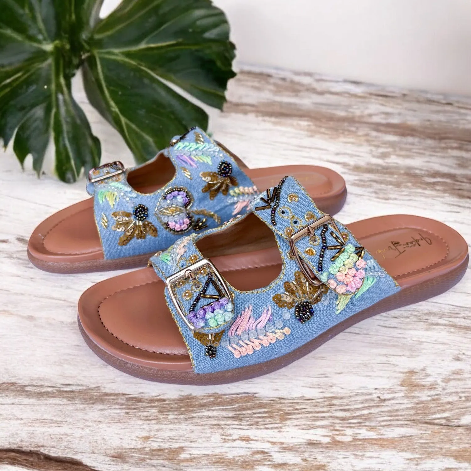 Denim Bloom Buckle Sandals