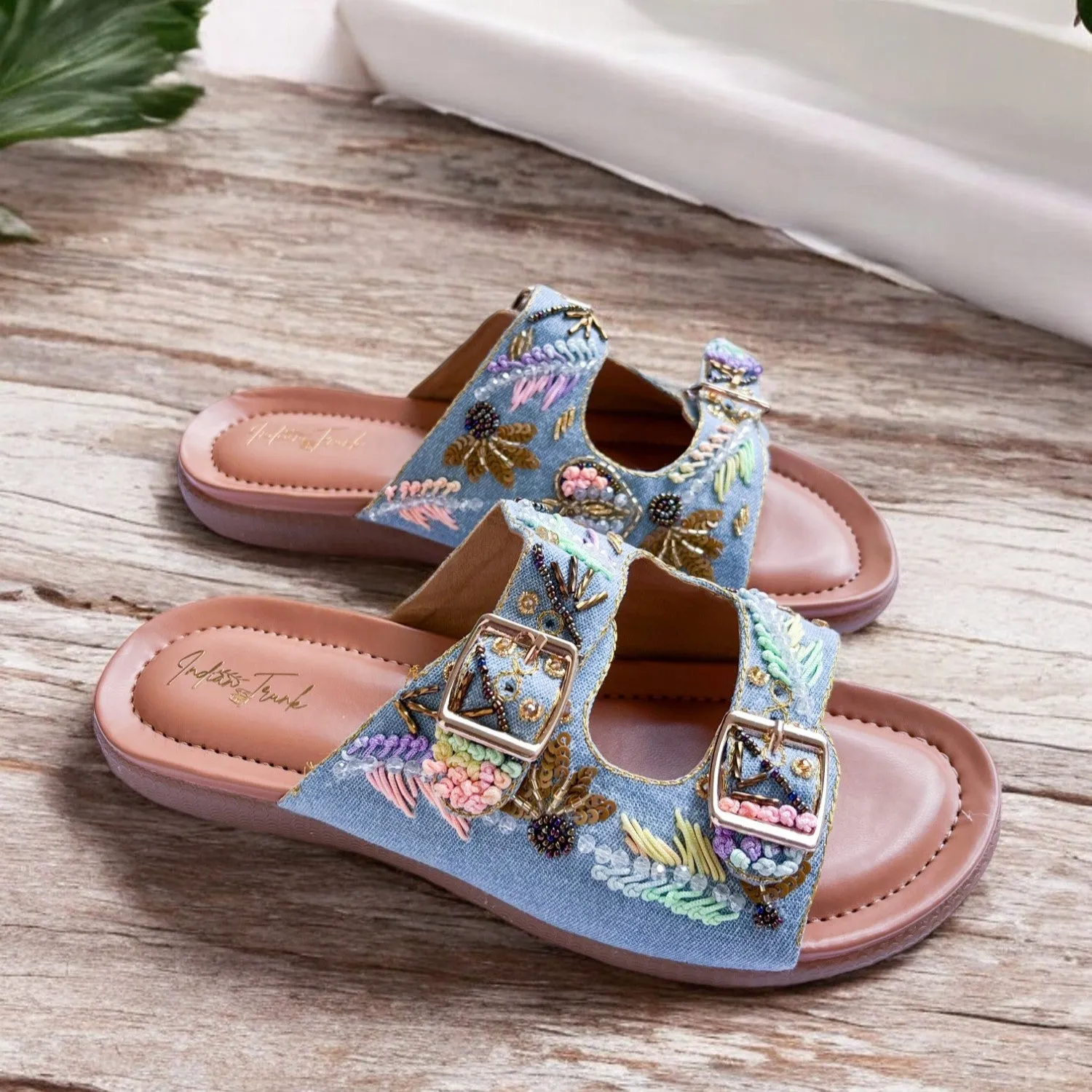 Denim Bloom Buckle Sandals