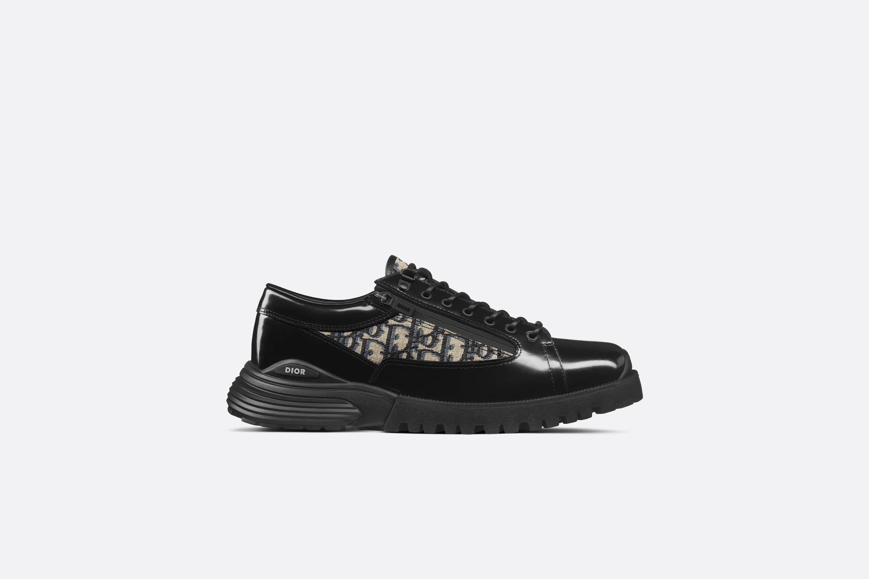 Dior Combat Derby Shoe • Black Polished Calfskin with Beige and Black Dior Oblique Jacquard