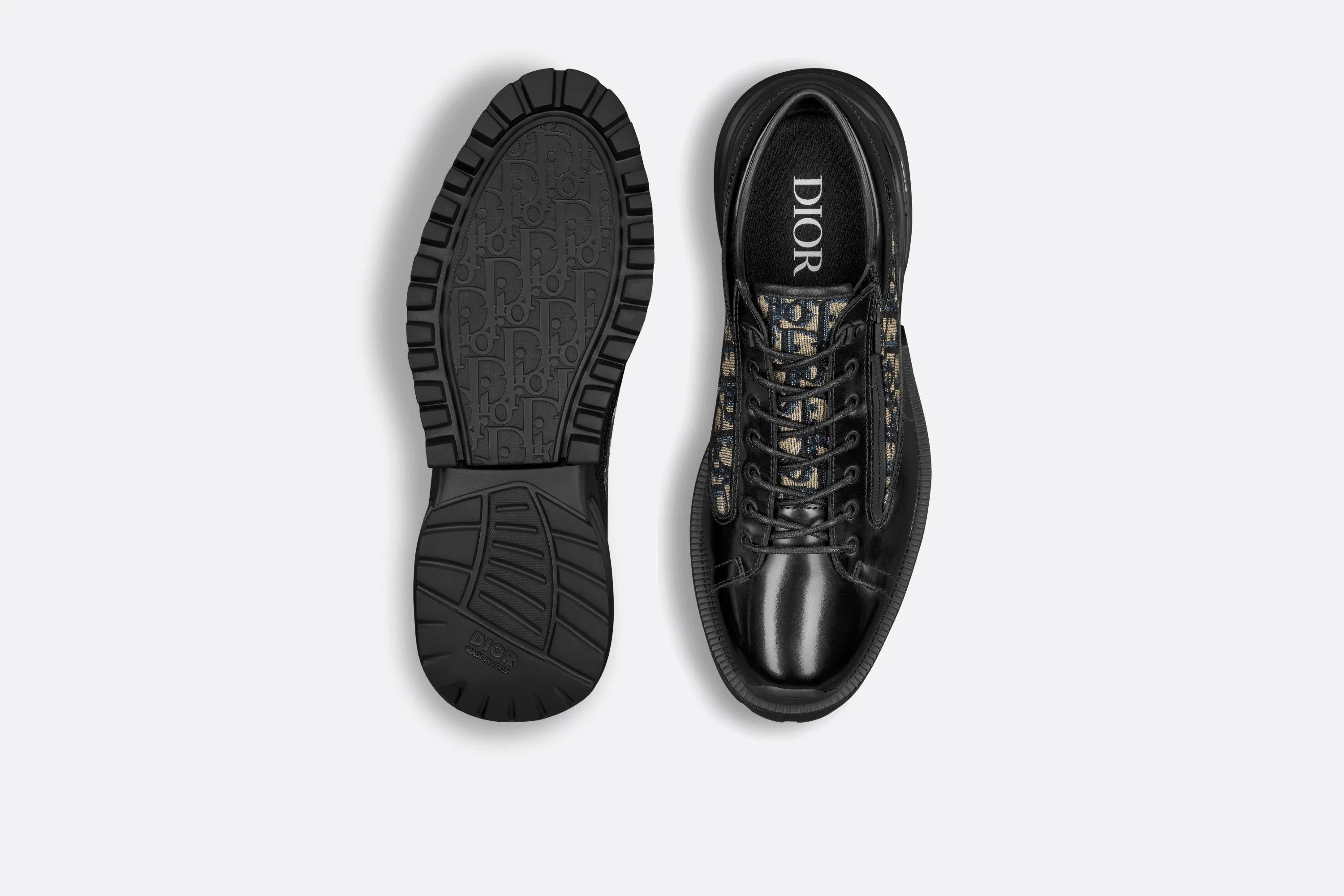 Dior Combat Derby Shoe • Black Polished Calfskin with Beige and Black Dior Oblique Jacquard