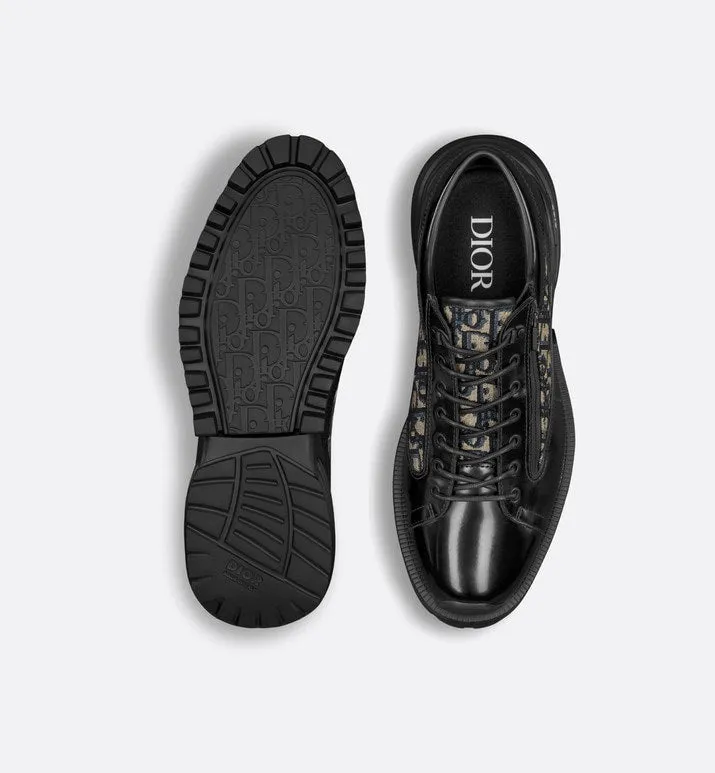 Dior Combat Derby Shoe • Black Polished Calfskin with Beige and Black Dior Oblique Jacquard