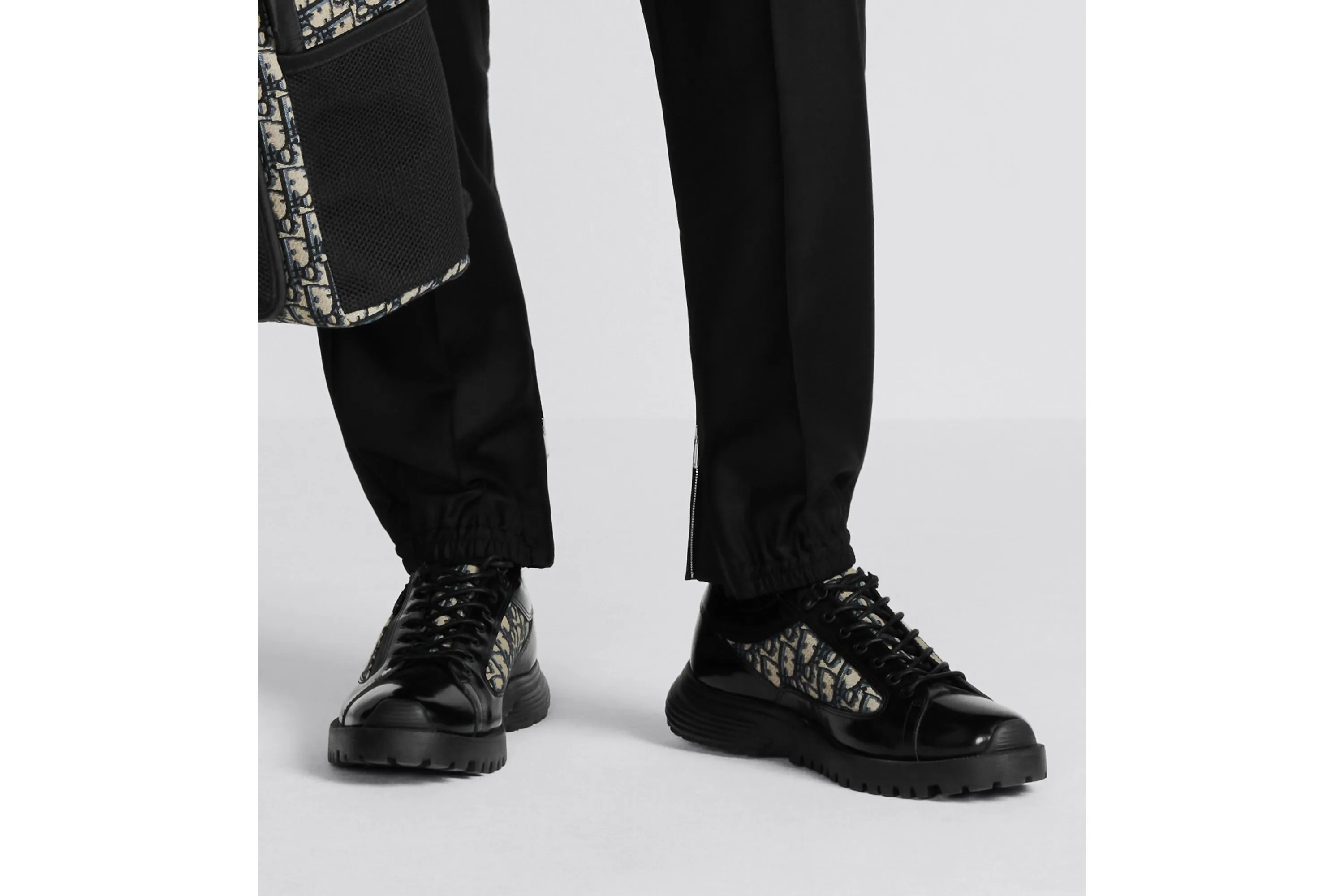 Dior Combat Derby Shoe • Black Polished Calfskin with Beige and Black Dior Oblique Jacquard
