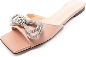 Divanne Slide Sandals for Women, Rhinestone Sandal Flats Bow Slippers Comfort Dressy Flat Slides