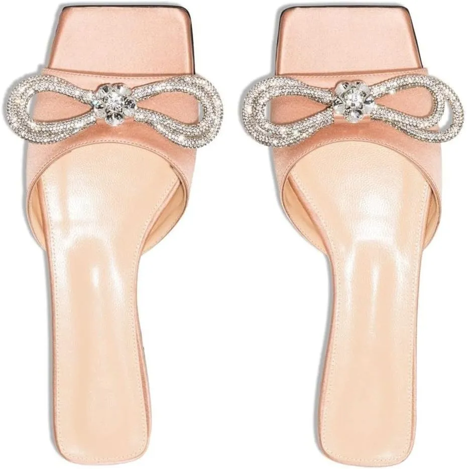 Divanne Slide Sandals for Women, Rhinestone Sandal Flats Bow Slippers Comfort Dressy Flat Slides