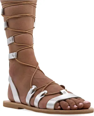 Emmanuela Ancient Greek Style Calf High Leather Sandals, Handmade Open Toe Flat Gladiator Sandals, Quality Tie up Strappy Summer Shoes for Women, Boho Chic Rose Gold Silver White Black