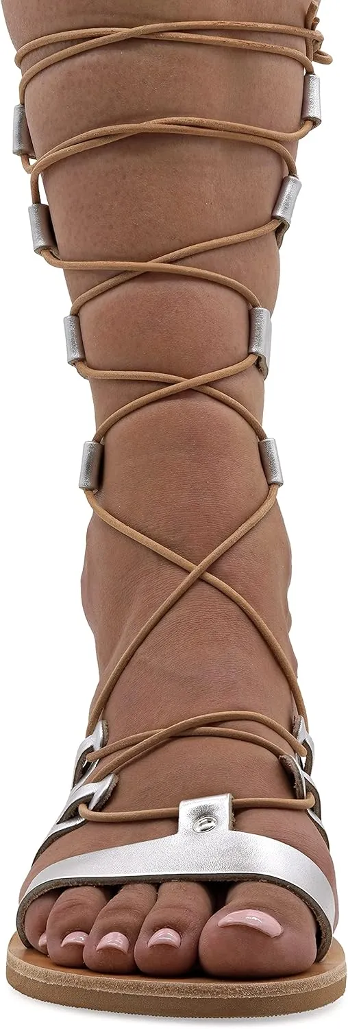 Emmanuela Ancient Greek Style Calf High Leather Sandals, Handmade Open Toe Flat Gladiator Sandals, Quality Tie up Strappy Summer Shoes for Women, Boho Chic Rose Gold Silver White Black