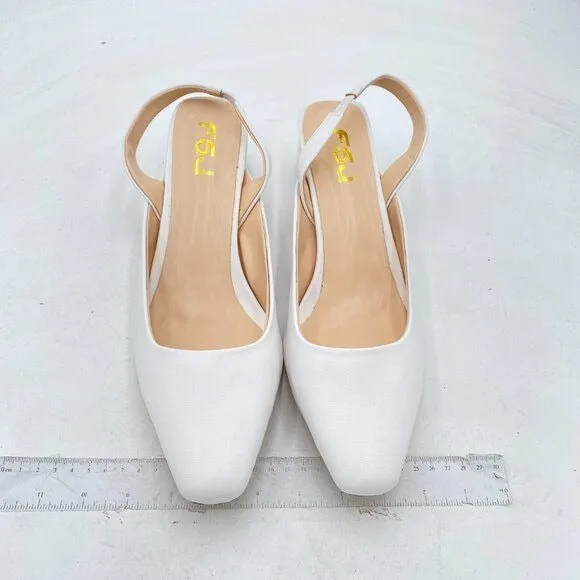 FSJ White Retro Square Toe Slingback Sandals Comfortable Low Block Heel Shoes
