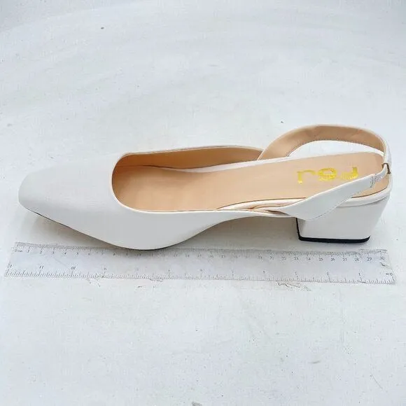 FSJ White Retro Square Toe Slingback Sandals Comfortable Low Block Heel Shoes