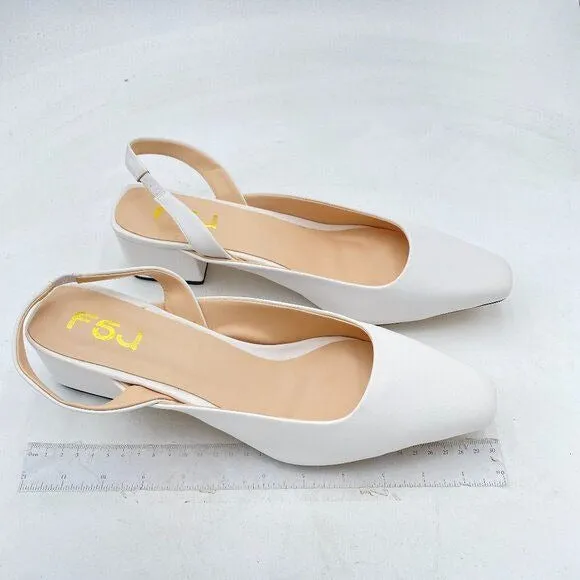 FSJ White Retro Square Toe Slingback Sandals Comfortable Low Block Heel Shoes