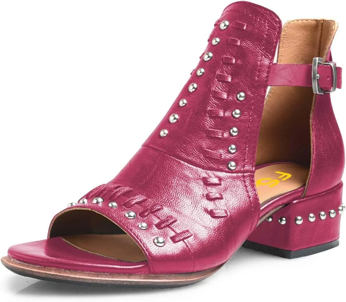 FSJ Women Peep Open Toe Boot Cut Out Buckle Ankle Bootie Comfortable Stacked Block Low Heeled Sandal Shoes Size 4-15 US