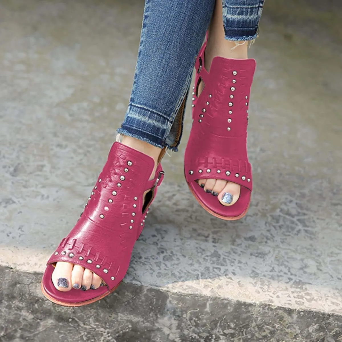 FSJ Women Peep Open Toe Boot Cut Out Buckle Ankle Bootie Comfortable Stacked Block Low Heeled Sandal Shoes Size 4-15 US