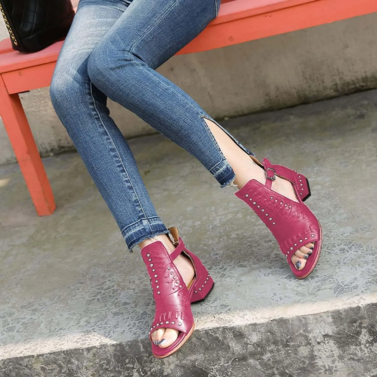 FSJ Women Peep Open Toe Boot Cut Out Buckle Ankle Bootie Comfortable Stacked Block Low Heeled Sandal Shoes Size 4-15 US