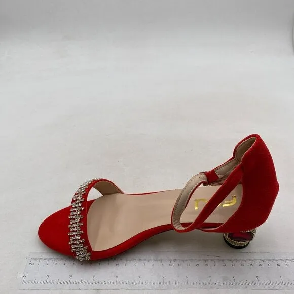 FSJ Women Sparkly Open Toe Rhinestone Low Block Heel Sandals Crystal Strap Red