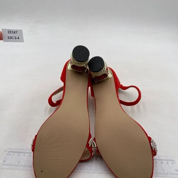 FSJ Women Sparkly Open Toe Rhinestone Low Block Heel Sandals Crystal Strap Red