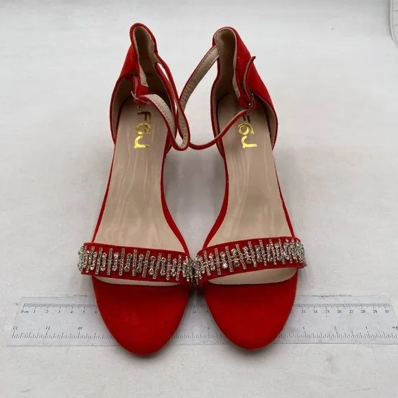 FSJ Women Sparkly Open Toe Rhinestone Low Block Heel Sandals Crystal Strap Red