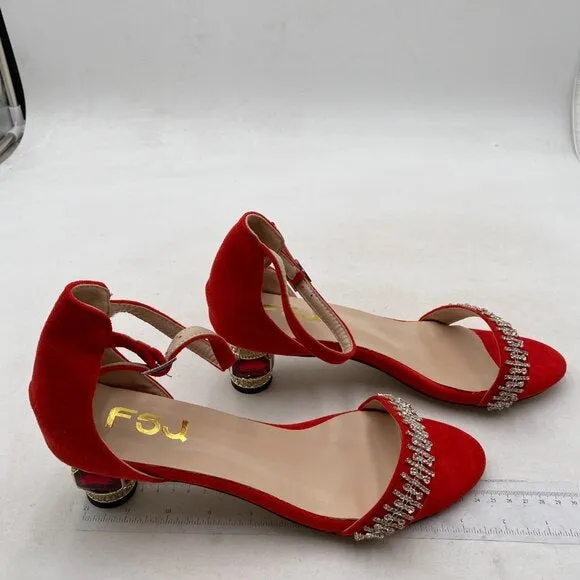 FSJ Women Sparkly Open Toe Rhinestone Low Block Heel Sandals Crystal Strap Red